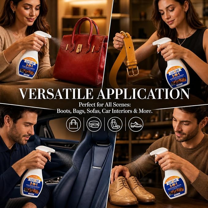 Leather Cleaner and Conditioner 3-in-1 Spray, Use on Leather Furniture, Car Seats, Shoes, Bags, Jackets and Leather Bags with Microfiber Brush & Microfiber Cloth(8 oz Spray Bottle)