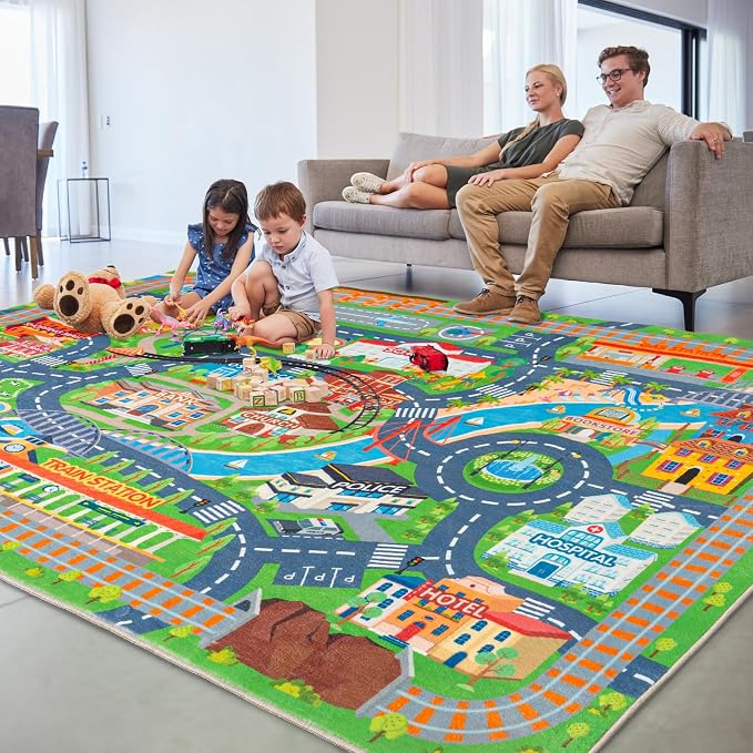 Car Rug Play Mat for Kids Toy Cars, Road Traffic Playmat for Kid Bedroom, Non-Slip Machine Washable Town City Race Track Carpet for Learn and Have Fun 8'x10'/ 96"x120"