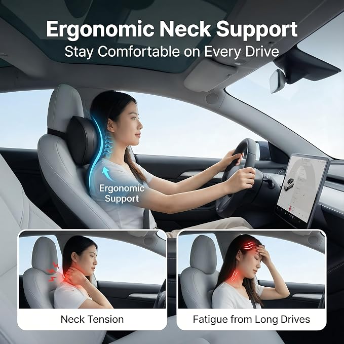 Car Neck Pillow 2-Pack - Premium Memory Foam Headrest with Soft Nappa Leather Feel, Ergonomic Support for Long Drives, Fits Most Vehicles (2, Black)