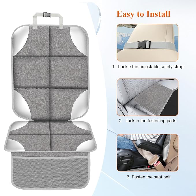 Car Seat Protector for Child Car Seat, 600D Fabric Carseat Seat Protectors, Seat Protector Under Baby Pet Car Seat with Upgraded Non-Slip Backing, Mesh Storage Pockets, Silver-Gray, 1PCS