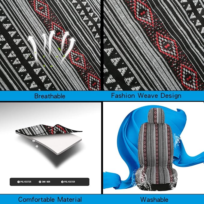 Baja Saddle Blanket Car Seat Covers 9PCS Full Set, Breathable and Washable Striped Woven Automotive Vehicle Seat Cover, Universal Boho Seat Cover for Sedan, SUV, Truck, Airbag Compatible