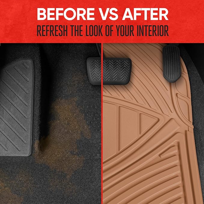 Motor Trend FlexTough Performance All Weather Rubber Car Floor Mats - 3 Piece Floor Mats Automotive Liners for Cars Truck SUV, Heavy-Duty Waterproof (Beige)