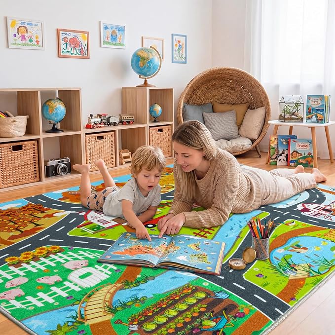 Car Rug Play Mat for Kids Toy Cars, 4' x 5' Town Country Barn Track Road Carpet, Non-Slip Machine Washable Rugs Four Seasons Farm Theme Traffic Mat for Kids Room Bedroom Game Safe Area