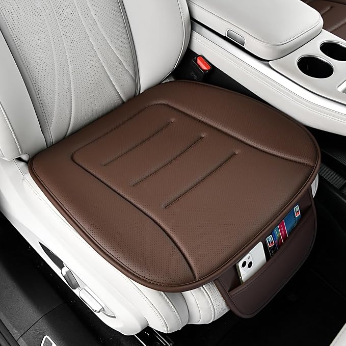 KAYI Car Seat Cushion, Comfort Memory Foam Car Cushions for Driving, Breathable Leather Surface with Anti Slip Rubber Bottom, Seat Cushion for Car and Office Chair (2 Pack, Brown)