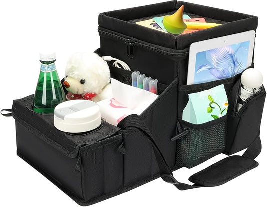 COOLBEBE Car Seat Organizer, Backseat Car Organizer with Cup Holders for Kids and Adults Travel, Cooler Compartment Passenger Seat Organizer Storage Box for Front or Middle Seat, Black