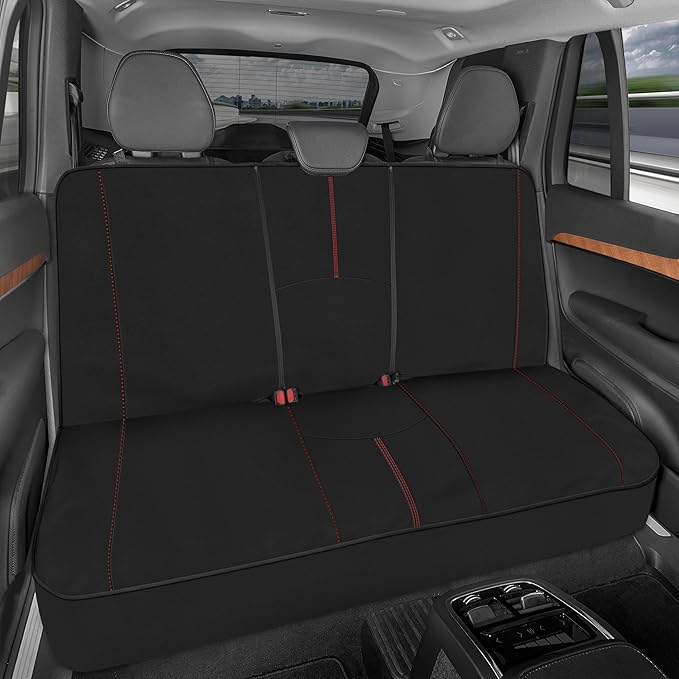 Motor Trend SpillGuard Waterproof Rear Bench Car Seat Cover, Red Stitching – Split Bench Rear Seat Protector with Neoprene Padding, Back Seat Cover for Kids & Dogs, Car Interior Covers
