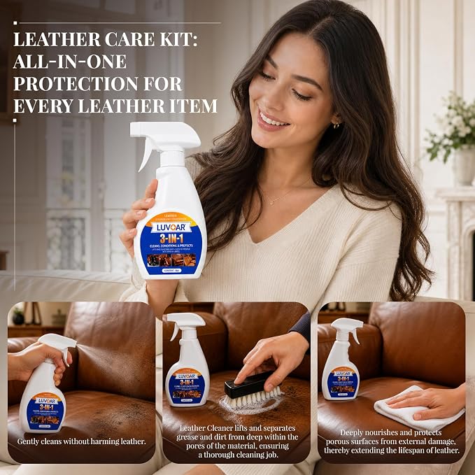 Leather Cleaner and Conditioner 3-in-1 Spray, Use on Leather Furniture, Car Seats, Shoes, Bags, Jackets and Leather Bags with Microfiber Brush & Microfiber Cloth(8 oz Spray Bottle)