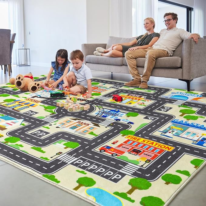 Car Rug Play Mat for Kids Toy Cars, City Road Traffic Playmat for Kid Bedroom, Non-Slip Machine Washable Kids Rugs for Learn and Have Fun 4'x5'/ 48"x60", Beige