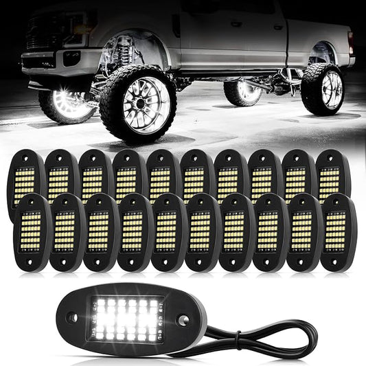 Hovano 20 Pods White Rock Lights 6000K Pure White 36 LEDs SMD Chips Super Bright Neon Underglow Light IP68 Waterproof for Pickup Trucks SUV UTV ATV RZR Car Boats (White)