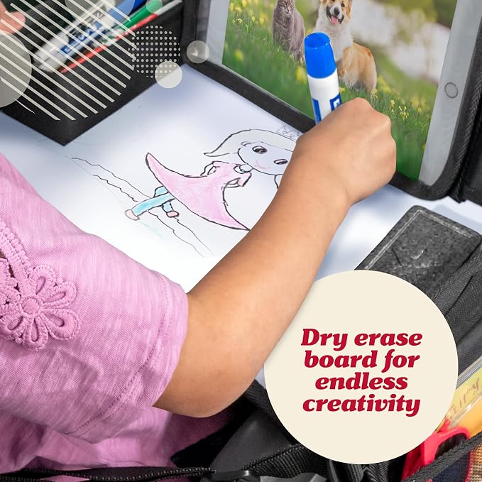 Lusso Gear Kids Lap Desk Tray (Value 2 Pack) - Mesh Pockets & Cup Holder for Car Travel Essentials - Car Seat Tray for Kids Travel & Tablet Holder - Dry-Erase Surface for Road Trip Activities - Black