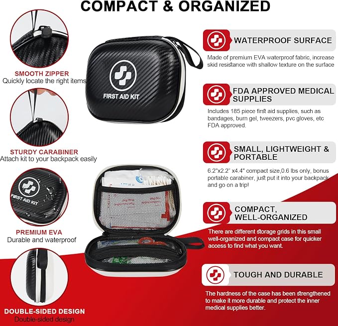 Small First Aid Kit - 185 Pieces Waterproof Emergency Kit for Home, Car, Travel, Camping, Hiking & Outdoor - Portable Hard Case Survival Kit with Premium Supplies(Black/White)