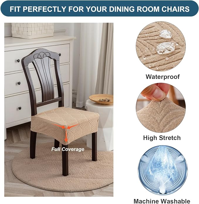 Removable and Washable Seat Covers for Dining Room Chairs Set of 2 - Waterproof Stretch Chair Seat Slipcovers, No Back Covers