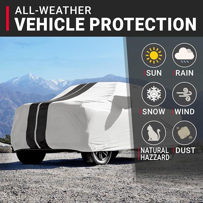 iCarCover Premium Heavy Duty Truck Car Cover - Waterproof All Weather Rain Snow UV Protection, Tacoma, Colorado, Ranger, Dakota, Frontier, Canyon, Size T81 (See Size Chart), Stripe - Light Gray/Black