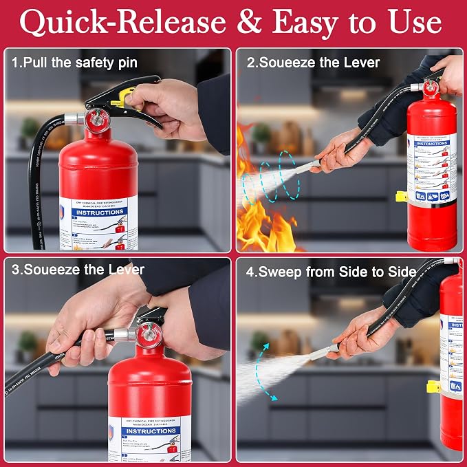 5 lb ABC Dry Chemical Fire Extinguishers, 2A:10B:C Rating with Quick Release Handle, Suitable for Electrical, Grease, Wood & Liquid Fires, for Home, Business, Boat, Truck & Car