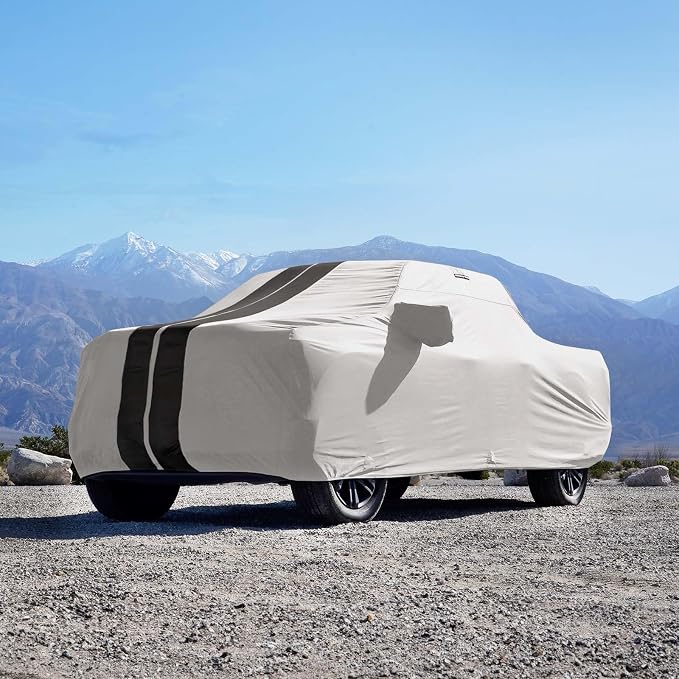 iCarCover Premium Heavy Duty Truck Car Cover - Waterproof All Weather Rain Snow UV Protection, Dakota, Frontier, Tacoma, Canyon, Colorado,R1T, Size T83 (See Size Chart), Stripe - Light Gray/Black