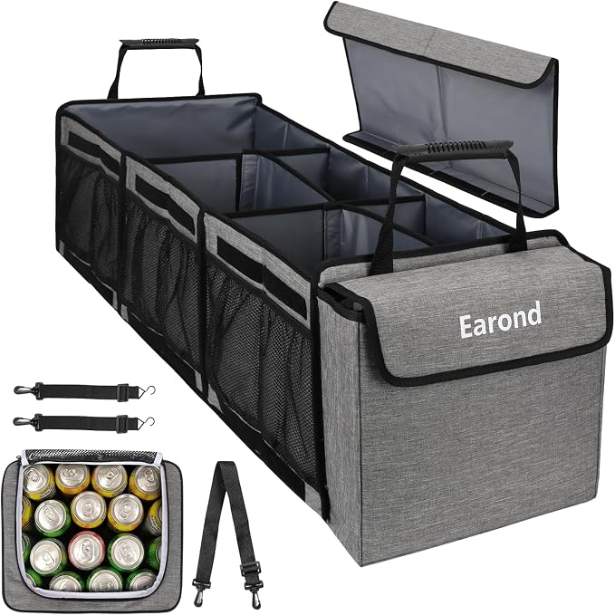 Collapsible Trunk Organizer with Insulated Leakproof Cooler Bag,Removable Lid,Adjustable Securing Straps,3 Compartments Trunk Organizer for SUV,Truck,Sedan(Light Grey)