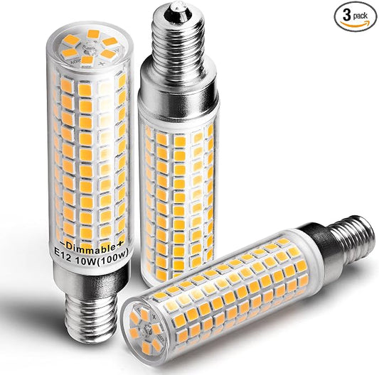 E12 Dimmable Candelabra Light Bulb 100W Equivalent 2700K Warm White, 3 Pack | C7 T6 LED Corn Bulb, 10 Watt, 1000lm, AC120V, for Home Decorative Chandelier Ceiling Fan Pendant Lighting Salt Lamp