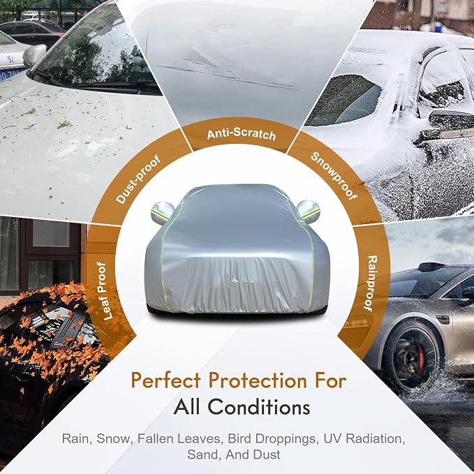 Tecoom Car Cover for Automobiles Waterproof, Windproof Sun Rain Snow Protection Fit for Tesla Model 3 Toyota Corolla 2000-2023 Honda Civic 1991-2023, Kia Stinger/Forte, Full Covers Sedan 170-190"