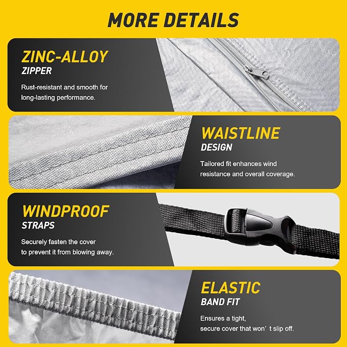 Caromop 10-Layer Waterproof Car Cover All Weather Protection (Snow, Rain, Sun) with Secure Fit Straps and Easy On/Off Zipper-Size T0 (See Size-Chart)