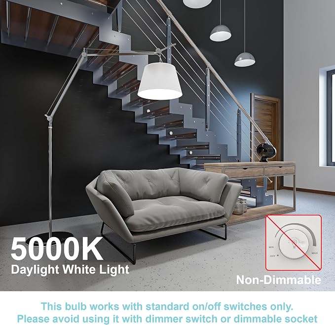 24 Pack A19 LED Light Bulbs, 60W Equivalent, Daylight Light 5000K LED Bulb with E26 Standard Base, Efficient 9W, Non-Dimmable, 800 Lumens, 120V, CRI 85, Eye-Friendly for Bedroom Living Room