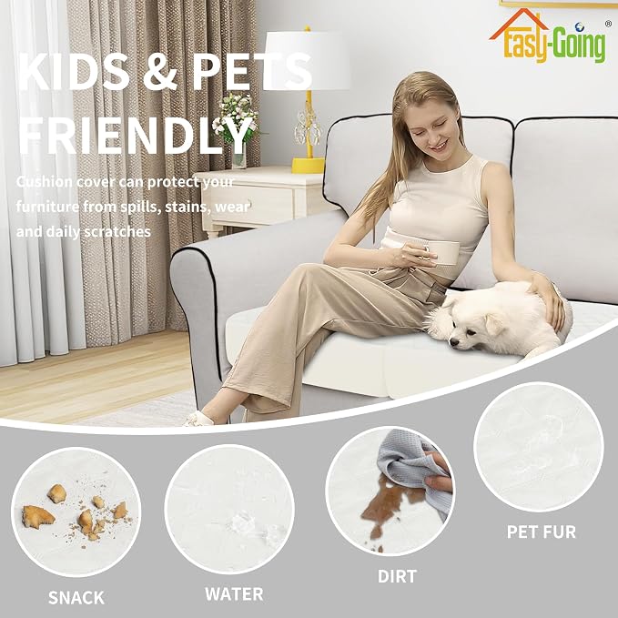 Easy-Going Waterproof Couch Cushion Covers, Non-Slip Leakproof Sofa Seat Cushion Slipcovers, Quilted and Stretch Furniture Protector for Dogs, Pets (2-Piece Sofa Cushion, Ivory)