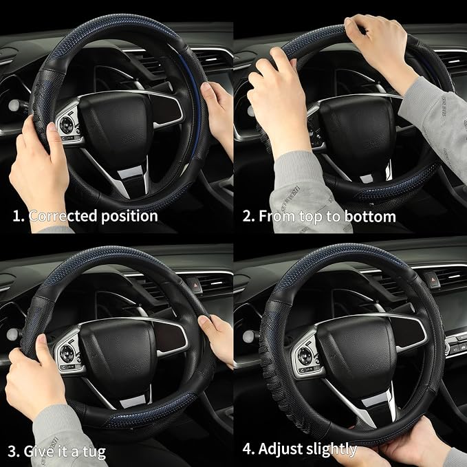 Anti-Slip Silicone Steering Wheel Cover Great Grip with 3D Honeycomb | Heavy-duty Microfiber Leather Sporty Design, Small 13.5 inch - 14 inch, Black with Blue