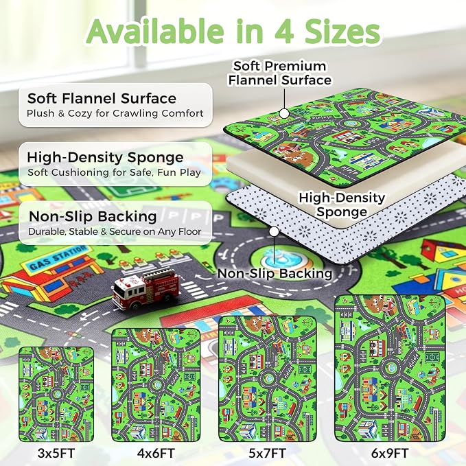 Kids Rug, 3x5 Ft City Road Play Rug for Kids | Extra Thick 0.4in Soft Non-Slip Car Carpet Play Rug with Realistic Roads for Toy Cars, Bedroom, Playroom & Nursery