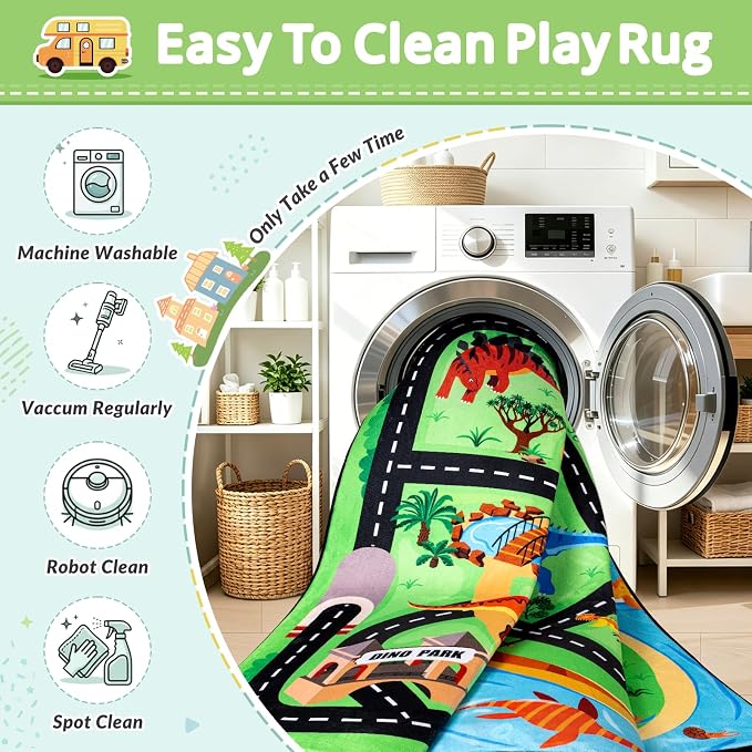 Kids Dinosaur Rug, 5x7 Ft Car Rug Play Mat for Kids | Extra Thick 0.4 in Soft Non-Slip Car Carpet Play Dino Rug with Realistic Roads for Toy Cars,Bedroom, Playroom & Nursery