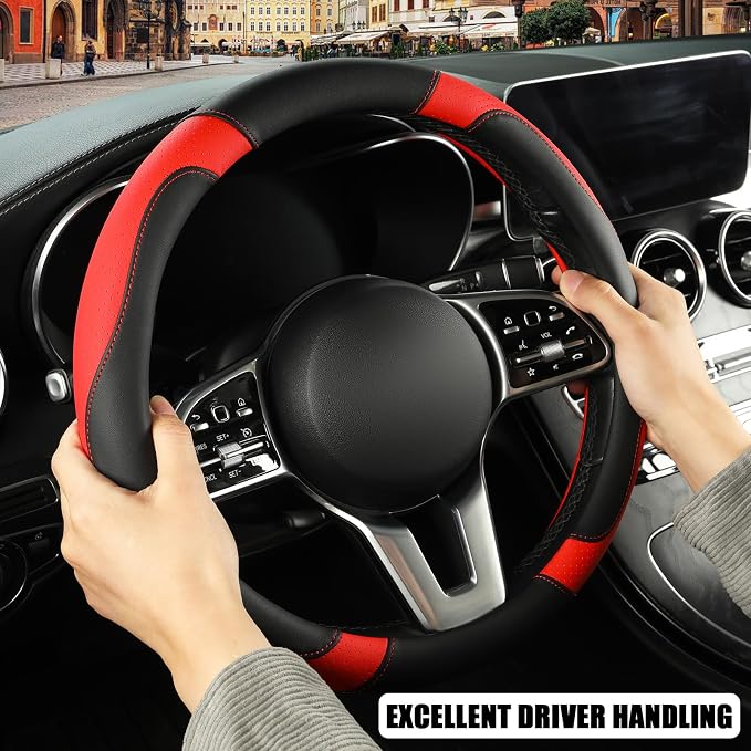 Black Red Microfiber Leather Steering Wheel Cover 15 inch | Breathable Anti Slip Grip Cool Sporty Look Glow for Women Men