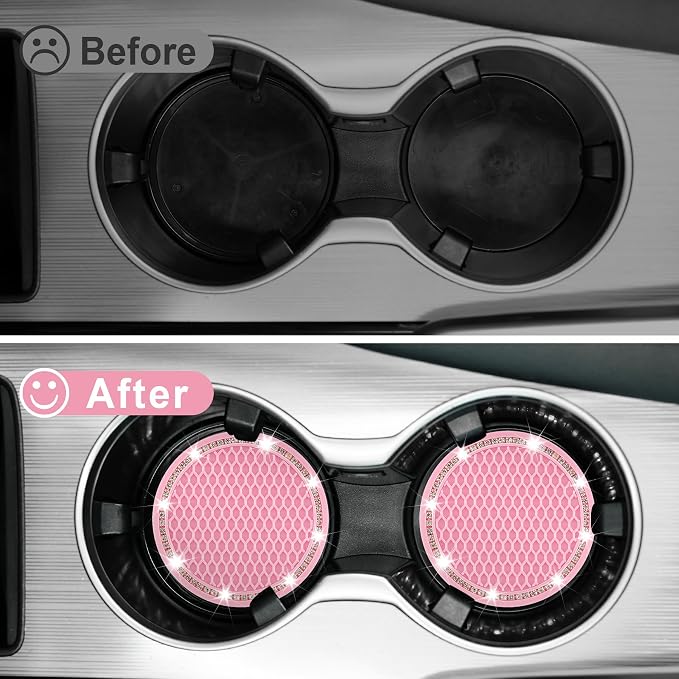 JUSTTOP Car Cup Holder Coaster, 2 Pack Universal Auto Anti Slip Cup Holder Insert Coaster, Bling Crystal Rhinestone Car Interior Accessories-Pink