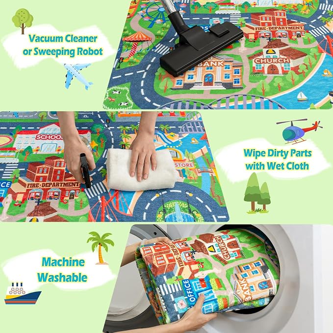 Car Rug Play Mat, Road Traffic Playmat 4'x5' | Non-Slip Machine Washable Town City Race Track Carpet for Learn and Have Fun Classroom Rugs 4'x5'/ 48" x60