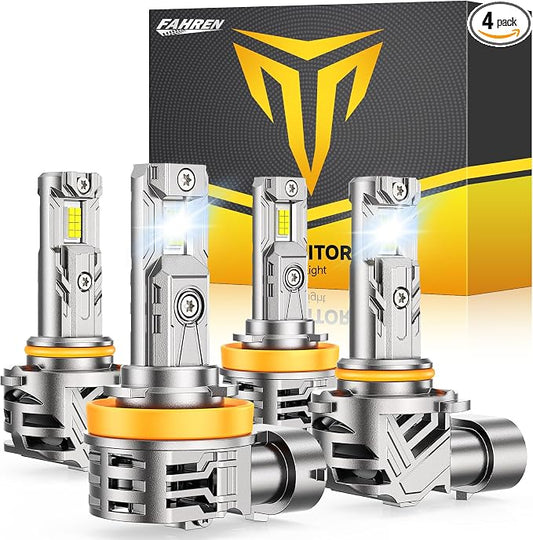 FORENNER H11 9005 Headlight Bulbs Combo, 120,000LM Brightness, 6500K Cool White H9/H8 HB3 High/Low, 10-Year Service Life with Cooling Fan, 1:1 Halogen-Replacement, No-Polarity Plug N Play, Pack of 4