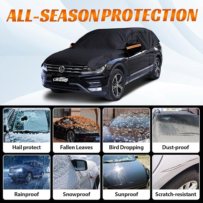 Half Car Cover Sedan, Hail Protector Car Cover with Cotton Liner, Sunroof & Windshield Cover for Ice and Snow, All Weather Vehicle Body Cover for Sun, Rain, Dust