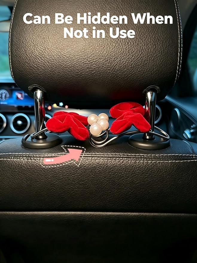 2PC Car Hooks for Purses and Bags Cute，Bowknot Seat Back Hook for Car Headrest Purse Holder Clip,Auto Hanger Seat Decorations Accessories for Women,Black Bow