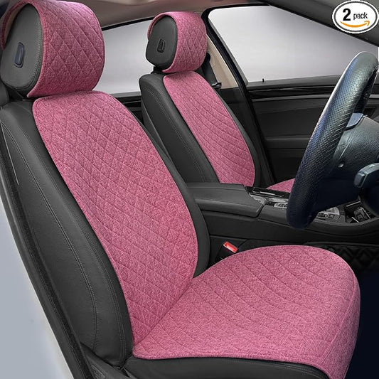 BOPUOVRE Linen Car Seat Cover - Non-Slip & Breathable - Universal Fit for Cars, Vans, SUVs, Trucks - 2 Units - Pink