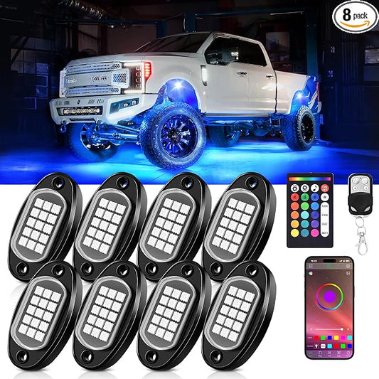 RGB LED Rock Lights 8 Pods - Multicolor Underglow Neon Light Kits, Underbody Lamp Waterproof with APP/Remote Control & Music Mode for Pickup Car Off Road SUV ATV Vehicle