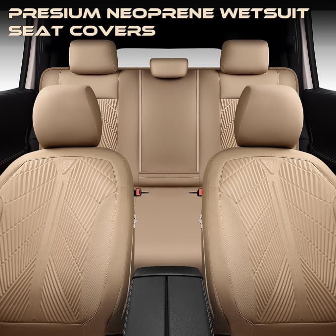 CAR PASS Waterproof Car seat Covers Full Sets Neoprene Wetsuit, All-Weather Non-Slip Durable, Universal Fit for SUV Sedans Trucks Vans Automotive, Armrest Airbag Compatible, 3D Emboss All Beige