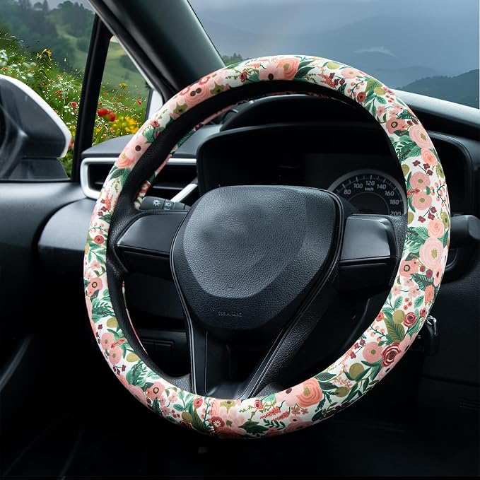 Watercolor Burgundy Flowers Steering Wheel Cover Auto Steering Wheel Protector, Anti-Slip, Breathable, Absorbing Sweat, Universal Car Accessories 14.5–15 inch,Fit for Most Car, Trucks, SUV