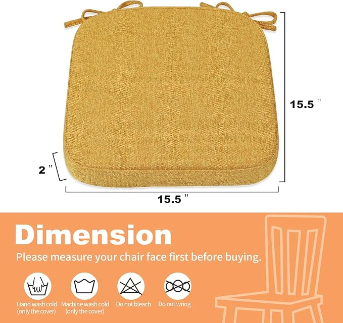 SINOSSO Memory Foam Chair Cushions for Folding Chairs 6 Pack, Thickened 2" Square Pads with Ties for Kitchen Chairs, Indoor Non-Slip Dining Chair Seat Cushions (Set of 6, Yellow)