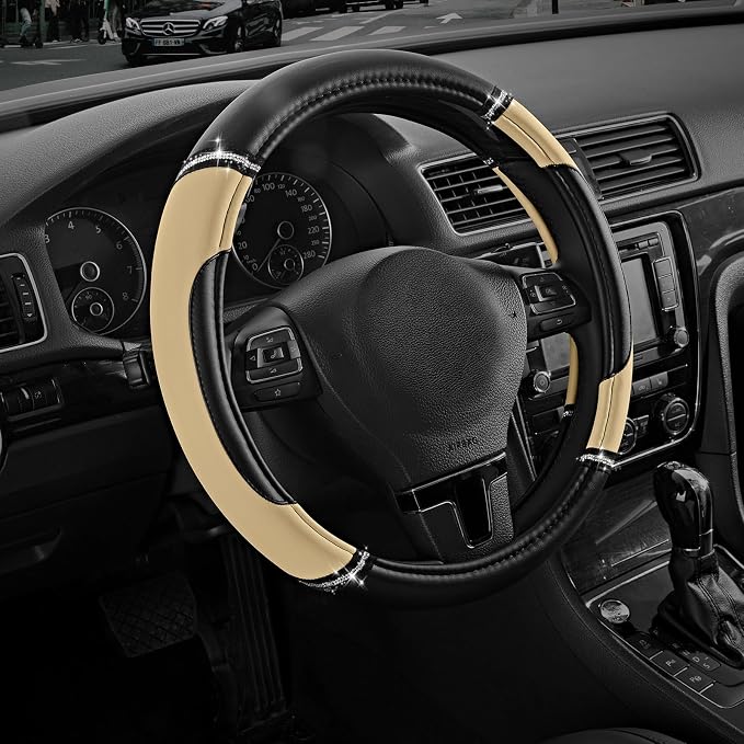 Road Comforts Leather Steering Wheel Cover - Made with PVC Leather - Anti-Slip, Universal Fit 14 1/2 inches to 15 inches - Beige