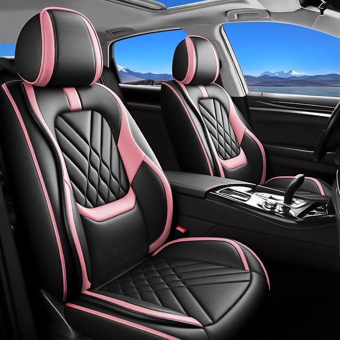 Fit Juke Car Seat Covers Compatible with Nissan Juke 2011-2016 2017-Premium Leather,Waterproof,Breathable,Airbag Compatible &All-Weather Seat Cushion Protecto(Full Set,Pink)