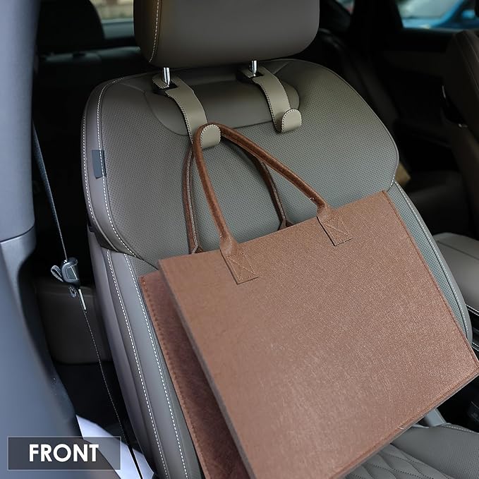 AMVOYOA Leather Car Hooks for Headrest - Fully Leather-Wrapped U-Shaped Purse Holder for Car, Flexible Seat Back Organizer & Durable Car Accessories for Purses, Bags, Coats & More (Beige, 2 Pack)