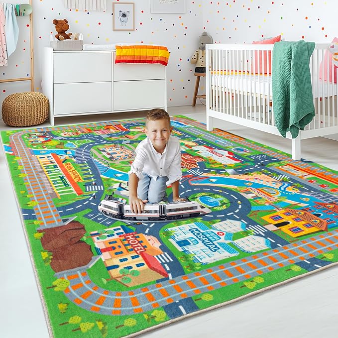 Car Rug Play Mat for Kids Toy Cars, Road Traffic Playmat for Kid Bedroom, Non-Slip Machine Washable Town City Race Track Carpet for Learn and Have Fun 8'x10'/ 96"x120"