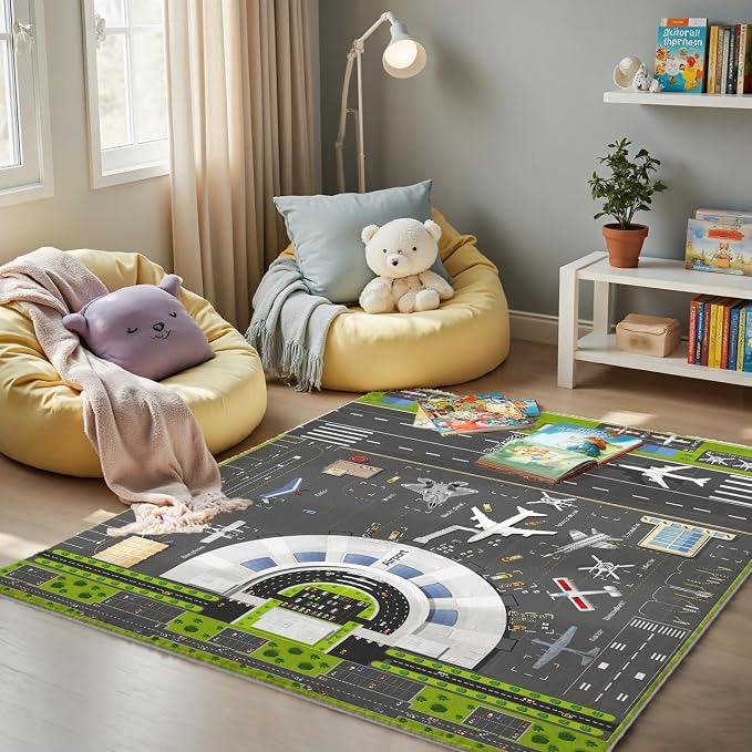 Kids Airport Runway Rug, Faux Wool Airplane Map, Non-Slip, 4 x 6 ft | Runway and airplane design; Aviation-themed play; Soft faux wool surface; Non-slip backing; Easy-care finish