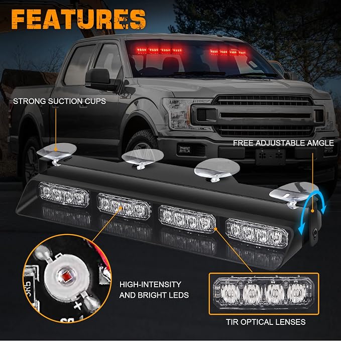 XRIDONSEN Emergency Dash Strobe Lights Front/Rear Windshield Lights | Interior Safety Flashing Warning Hazard w/ Suction Cups for Vehicles Trucks (2x14 inch, Red)