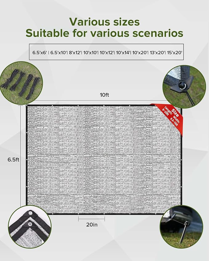 FoundGo 85% Aluminum Shade Cloth,10'x20'Car/Dog Sun Reflective Aluminet tarp,Silver Reflective Sun Shade Net Cover with Grommets,Breathable,Sun/UV/Heat Blocking for Camping,RVs,with Accessories