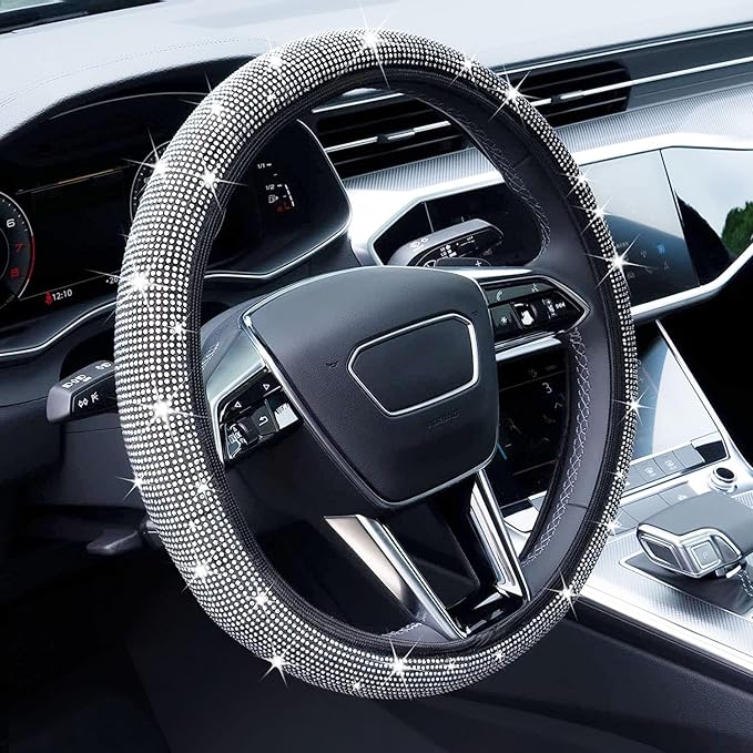 Bling Rhinestone Steering Wheel Cover with Crystal Diamond for Women, Sparkling Car Wheel Protector Universal Fit 14-15 inches - White