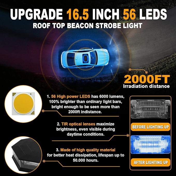 ASPL 16.5 Inch Roof Top Beacon Emergency Strobe Light 56 LED Magnetic Warning Caution lights bar Traffic Hazard Plow Light for Trucks Vehicles Construction Snowplow (Blue)
