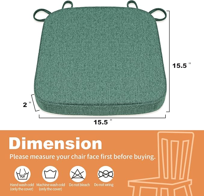 SINOSSO Memory Foam Chair Cushion for Folding Chair 1 Pcs, Thickened 2" Square Kitchen Chair Pad with Ties, Indoor Non-Slip Dining Chair Seat Cushion (1 Piece, Green)