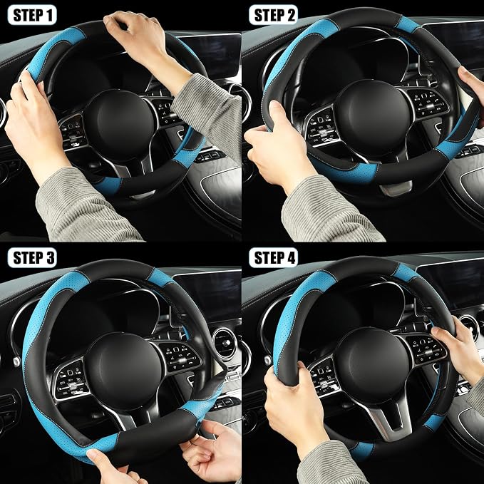 Black Blue Microfiber Leather Steering Wheel Cover 14 inch | Breathable Anti Slip Grip Cool Sporty Look Glow for Women Men